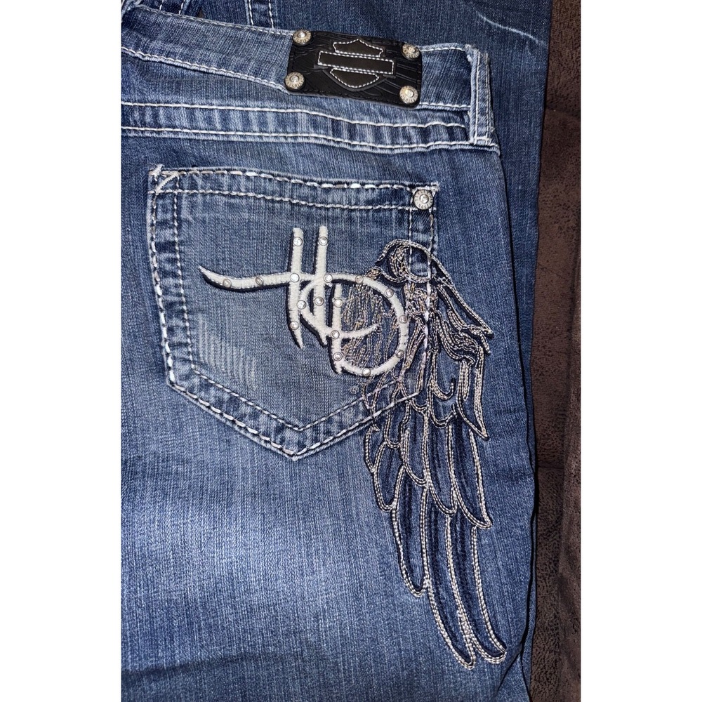 Harley Davidson Angel Wing Biker Blue Jeans women Sz 12 P petite classic riding